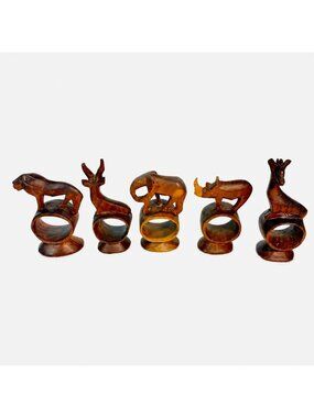 Napkin Rings Hand Carved Wood Safari Animal Set of 5 Made in Kenya Rosewood